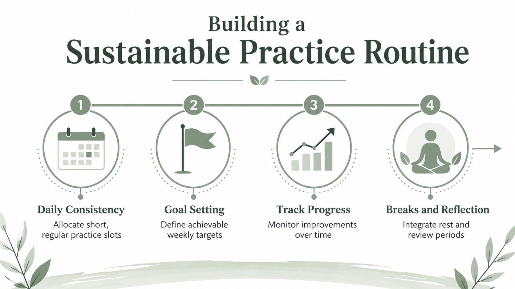 An infographic titled Building a Sustainable Practice Routine featuring four numbered steps for improving skills and consistency.