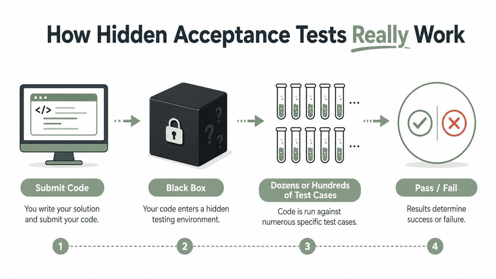 A diagram illustrating how hidden acceptance tests work through a four-step code submission and testing process.