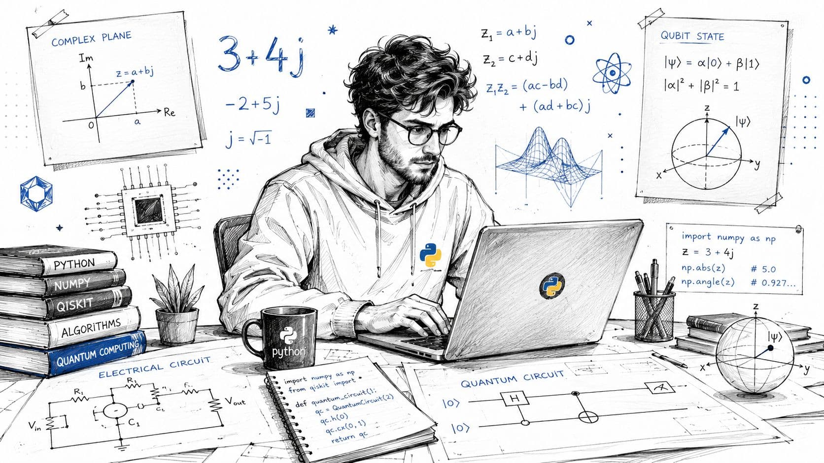 A young man coding on a laptop surrounded by diagrams of quantum circuits, complex numbers, and Python programming literature.